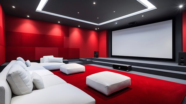 Dramatic home theater with plush reclining chairs, a colossal projector screen, and surround sound speakers for an immersive cinematic experience
