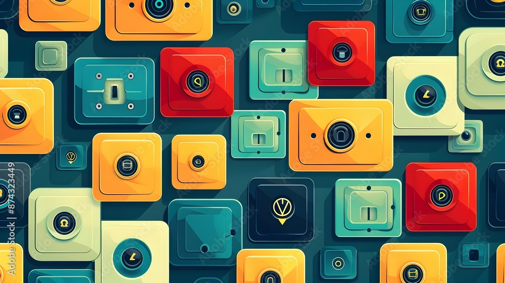 Poster multiple plugs and sockets forming versatile connections in abstract background