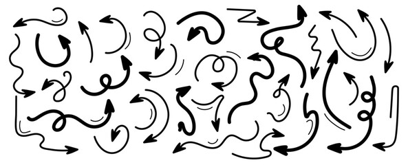 Set of editable trend line arrows. Doodle and hand drawn. Collection curves drawn hand  pencil. Sign and symbol, elements. Abstract scribbles. Curve and circles. Shapes. Underline. Vector illustration