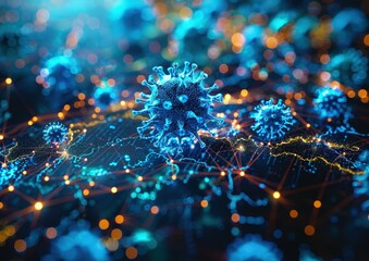 Abstract digital background of virus and map with glowing connections for online information exchange