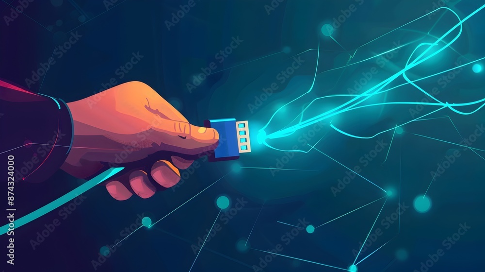 Poster hand plugging usb cable into background for data connection