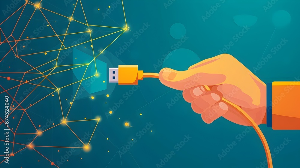 Poster background with hand plugging in usb cable for data connection