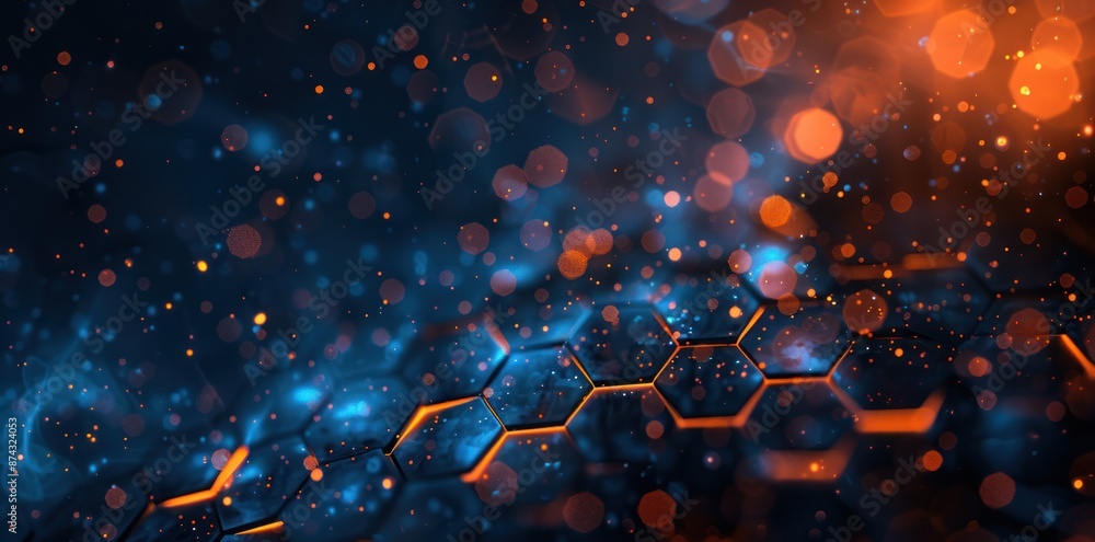 Poster abstract background with hexagonal shapes and glowing lights in blue and orange