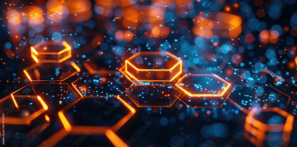 Poster a digital pattern of glowing orange hexagons with blue and orange particles floating around them