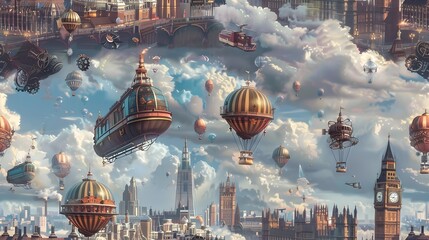Whimsical Steampunk Balloons Adorn the Skies of Victorian London s Fantastical Cityscape