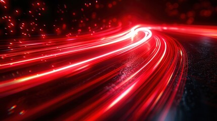 Red light trails on the road, motion blur of fast moving lights in red color, background with blurred dark night scene
