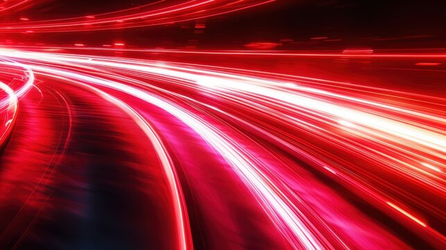Red light trails in motion on the highway, red background, speed and movement concept