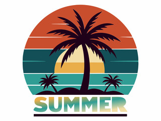 Fototapeta premium Summer t shirt design. Summer retro and vintage t-shirt deign with enjoying people, sunset and palm tree.