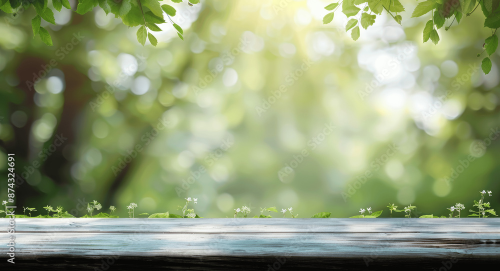 Poster white wooden table top in a blurred green forest background for product display, spring and summer c