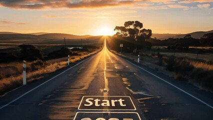 Sunrise over a long straight road leading to the horizon. The highway symbolizes the upcoming journey, a new beginning. Start 2025 is painted on the asphalt