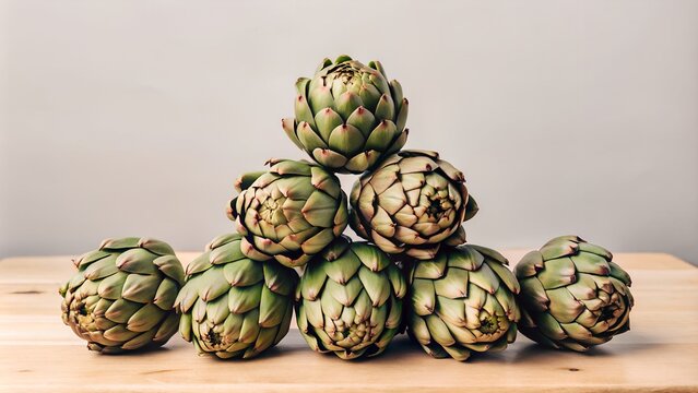 A pyramid of green artichokes on a wooden table against a beige background