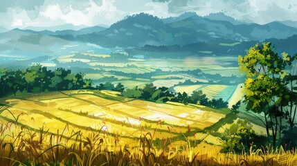 Depiction of Rural Landscape featuring Paddy Fields