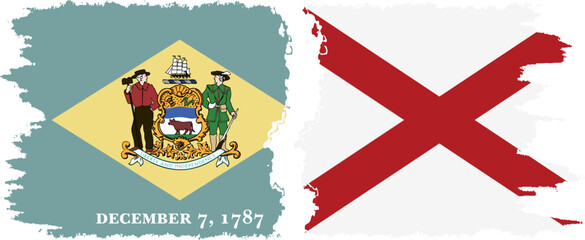 Alabama and Delaware states grunge brush flags connection, vector