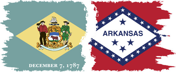 Arkansas and Delaware states grunge brush flags connection, vector