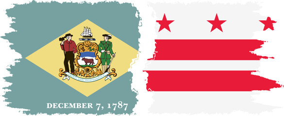 District of Columbia USA - Washington, DC and Delaware state grunge brush flags connection vector