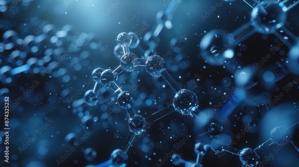 Poster a close-up of a molecular structure with connected atoms, rendered in a blue and black color scheme