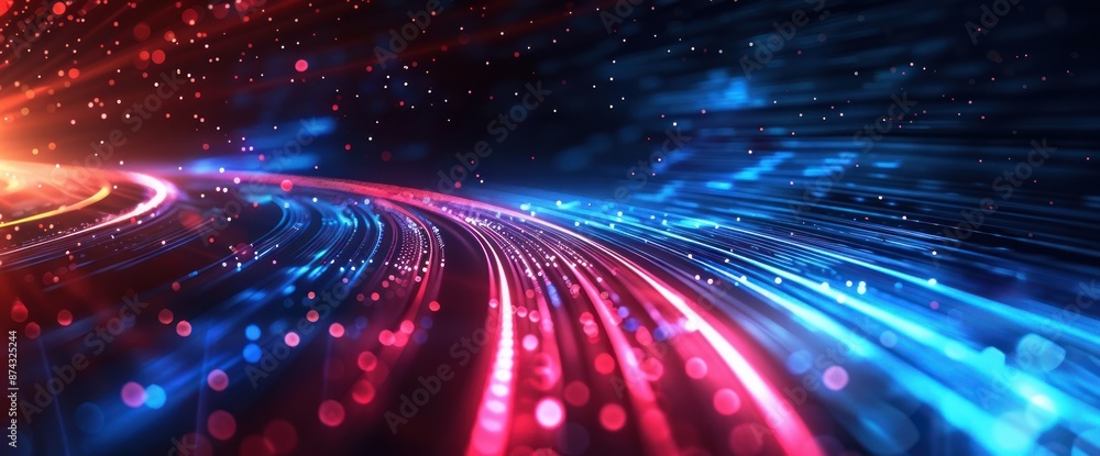 Poster abstract image of blue and red light trails in a dark space filled with light orbs