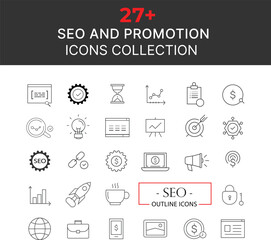 Thin line icons set of marketing - search engine optimization, advertising and promotional campaigns. Outline symbol collection.