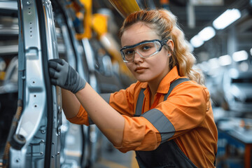 Skilled female technician assembling vehicle door in high-tech car factory with precision, candid shot, industrial setting