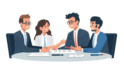 A group of business people in formal wear are gathered around a table for a meeting