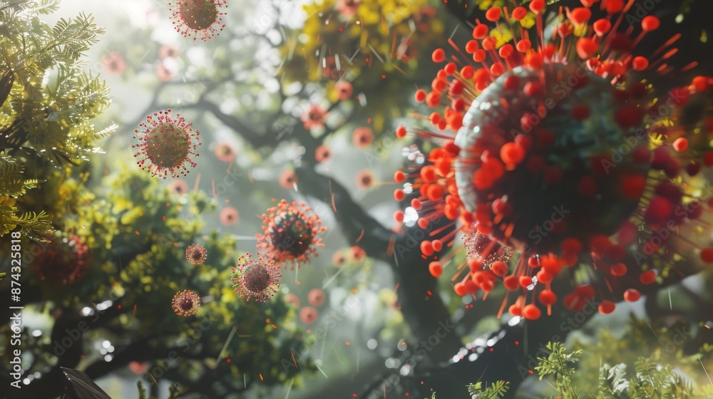 Leinwandbilder a close-up view of red and blue virus particles floating in a forest setting.