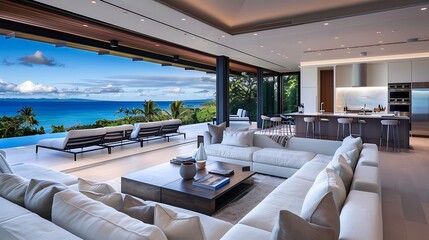 Open-concept living space with a gourmet kitchen seamlessly flowing into a spacious living room with plush sofas and a breathtaking ocean view