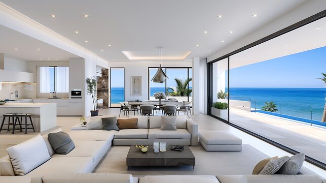 Open-concept living space with a gourmet kitchen seamlessly flowing into a spacious living room with plush sofas and a breathtaking ocean view