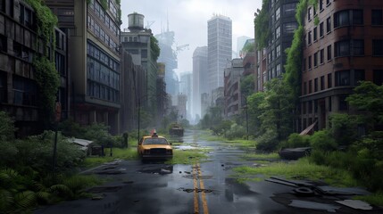 Abandoned city street with overgrown vegetation and ruined buildings, creating a post-apocalyptic atmosphere under a cloudy sky.