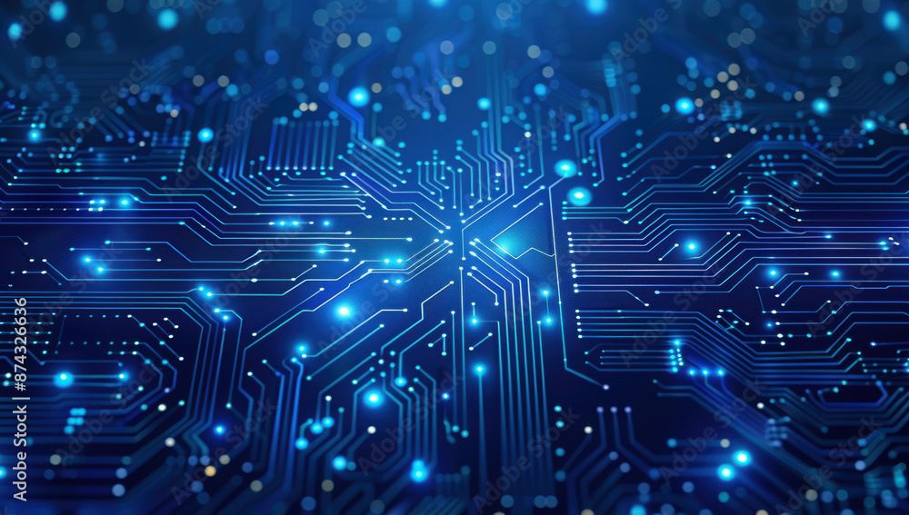 Fototapete abstract ai circuit board background. technology connected blue lines with electronics elements on t