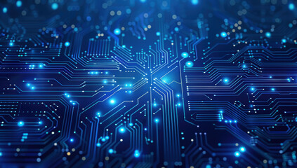 Abstract AI circuit board background. Technology connected blue lines with electronics elements on tech bg. Computer motherboard with a chip, processor, and semiconductor. Digital vector illustration