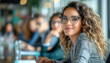 A woman with glasses sits at a table among a group of people, enjoying the moment together