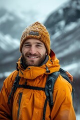Smiling hiker in orange jacket, mountain background