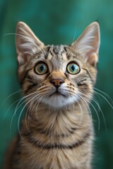 Fototapeta premium Tabby cat with wide eyes, green background