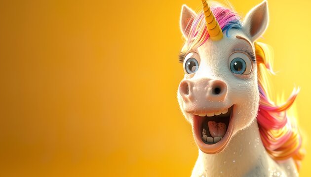 Unicorn with wide eyes and open mouth, yellow background