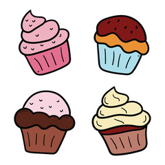 Hand drawn cartoon set of different cute cupcakes on white background.