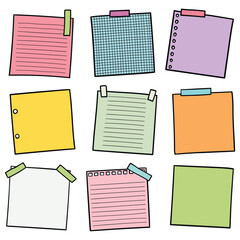 Hand drawn cartoon set of colored sticky paper notes on white background.