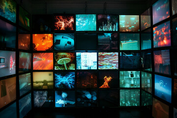 Art collage of multimedia images on different old television screens. Mosaic contemporary art. Generative AI. Modern background.