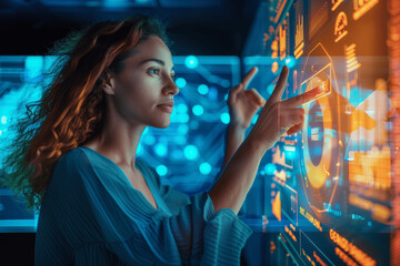 Businesswomen Discussing Strategies and Data Analytics in a Futuristic Office with Hologram Displays and Graphical Monitors High Tech Marketing for Business Growth