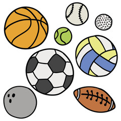 Obraz premium Hand drawn cartoon set of sports game balls on white background. Basketball, baseball, goal, tennis, soccer, volleyball, rugby or American soccer, bowling.