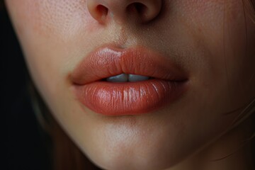 Naklejka premium Close-up detailed view of a woman's soft, natural lips with a neutral expression, showcasing subtle makeup and smooth skin texture in warm lightinglips