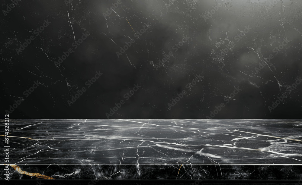 Poster black marble tabletop with white line for product display on black background, 3d rendering mockup t