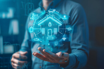 Smart home control concept. remote home control online home automation system. Businessman holding smart home technology on virtual screen design