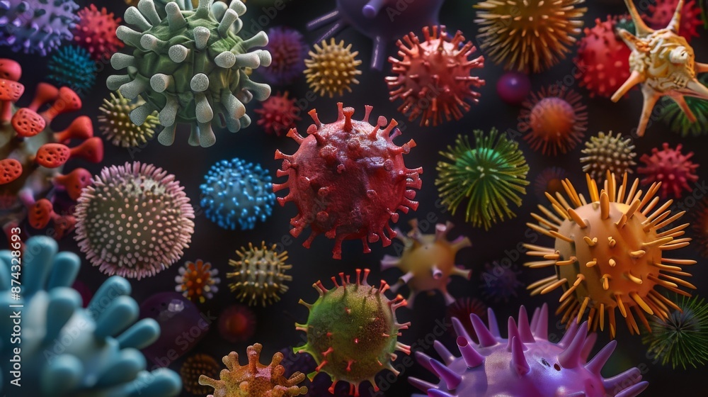 Poster a close-up illustration of various types of viruses in different colors and shapes.