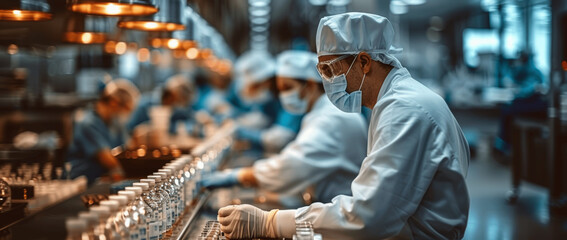 Biotech Lab Workers in Protective Suits Managing Glass Vials on Conveyor Belt in Pharmaceutical Production Line Blue Theme Hyper Realistic Closeup