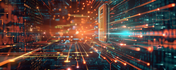 Fototapeta premium Abstract cyber security background featuring a digital lock, binary code streams, and interconnected network lines.