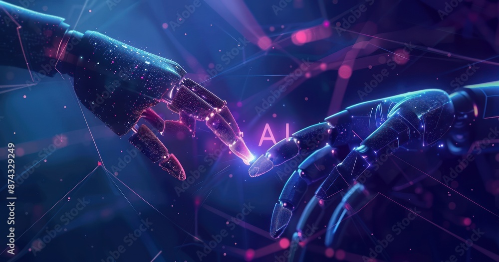 Poster two robotic hands touch fingers, creating a glowing light, in a digital space with a network of line