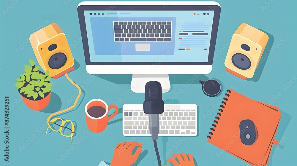 Poster person plugging microphone into computer for audio connection in