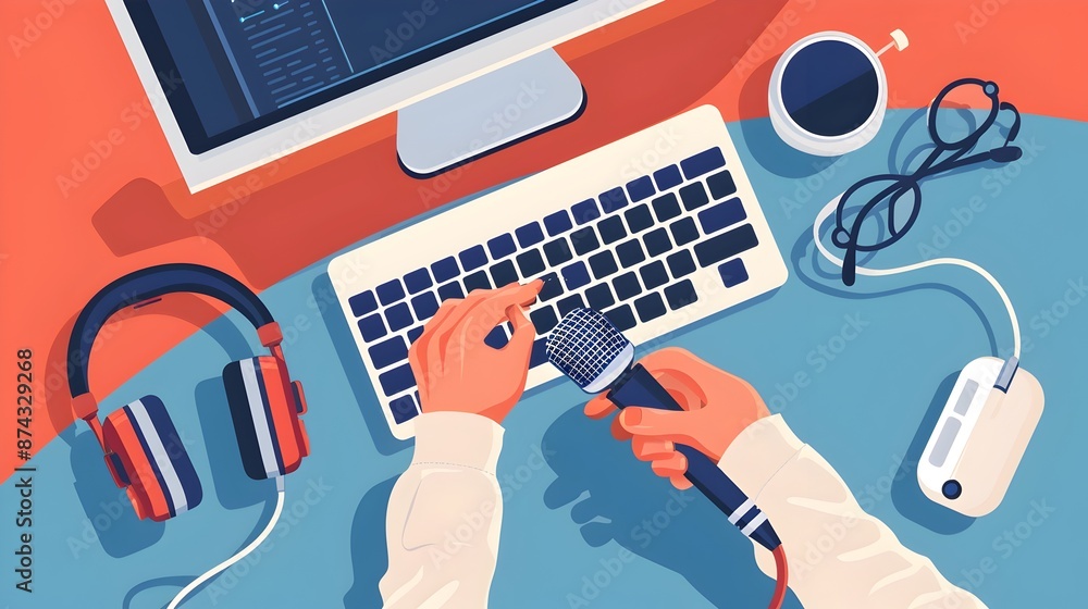 Poster person plugging microphone into computer for audio connection