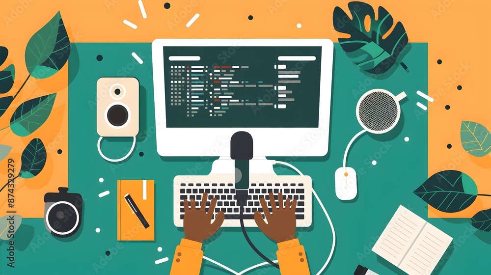 Poster person plugging microphone into computer for audio connection