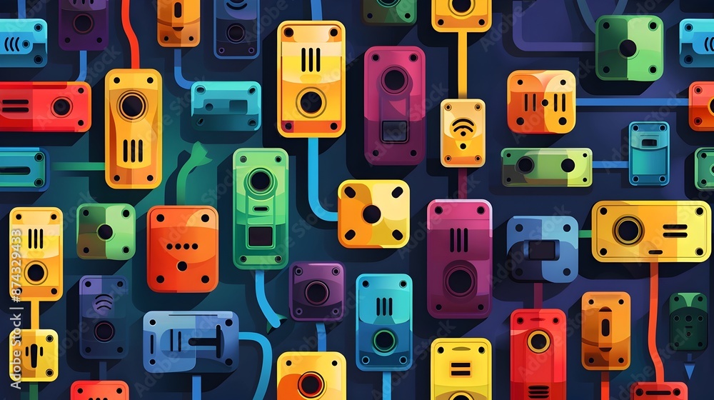Poster versatile power connections with colorful plugs and sockets in abstract background